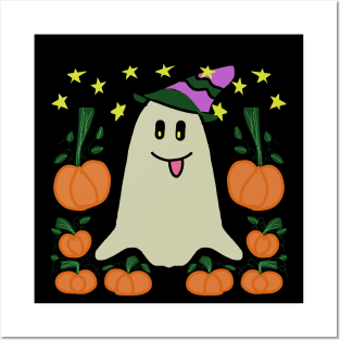 Halloween Cute Ghost With Pumpkin Posters and Art